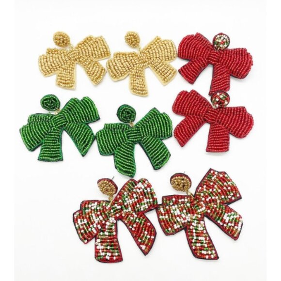 Christmas Ribbon Seed Beaded Statement Gift Colorful Bow Earrings NEW - Picture 3 of 6